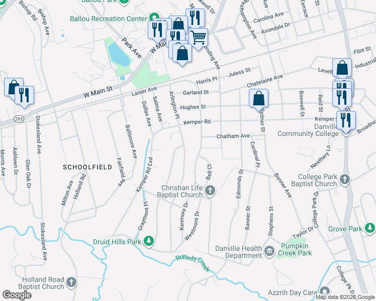 map of restaurants, bars, coffee shops, grocery stores, and more near 507 Arlington Road in Danville