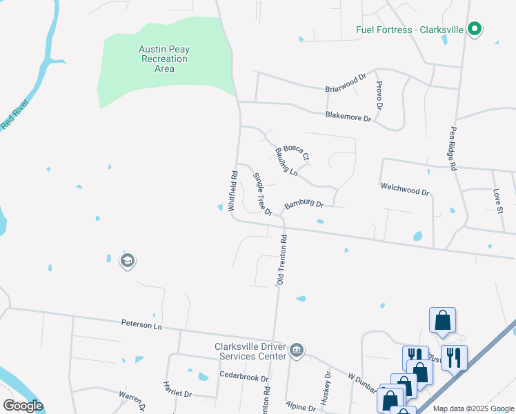 map of restaurants, bars, coffee shops, grocery stores, and more near 2115 Single Tree Drive in Clarksville