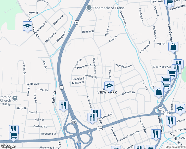 map of restaurants, bars, coffee shops, grocery stores, and more near 1228 Riverside Avenue in Kingsport