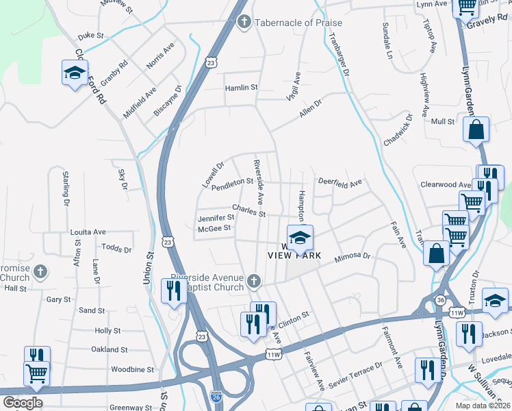 map of restaurants, bars, coffee shops, grocery stores, and more near 1228 Riverside Avenue in Kingsport
