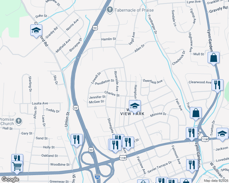map of restaurants, bars, coffee shops, grocery stores, and more near 1228 Riverside Avenue in Kingsport