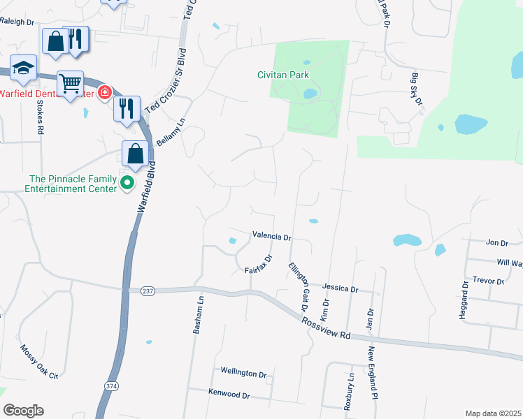 map of restaurants, bars, coffee shops, grocery stores, and more near 2247 Fairfax Drive in Clarksville