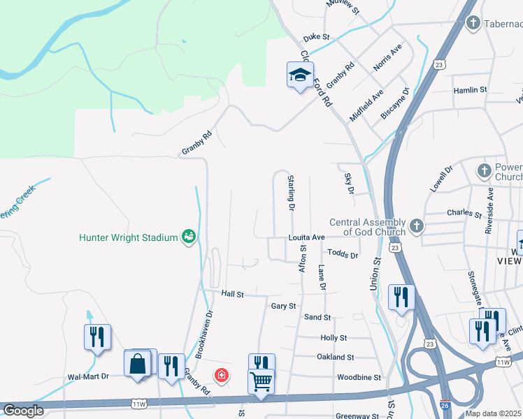 map of restaurants, bars, coffee shops, grocery stores, and more near 2340 Louita Avenue in Kingsport