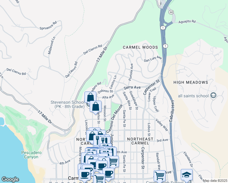 map of restaurants, bars, coffee shops, grocery stores, and more near 8026 Dolores Street in Carmel-by-the-Sea