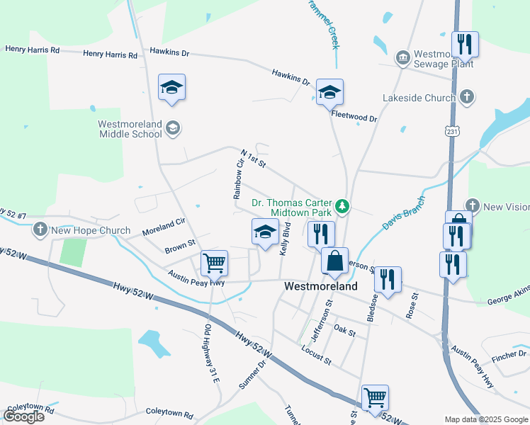 map of restaurants, bars, coffee shops, grocery stores, and more near 1203 Rainbow Circle in Westmoreland
