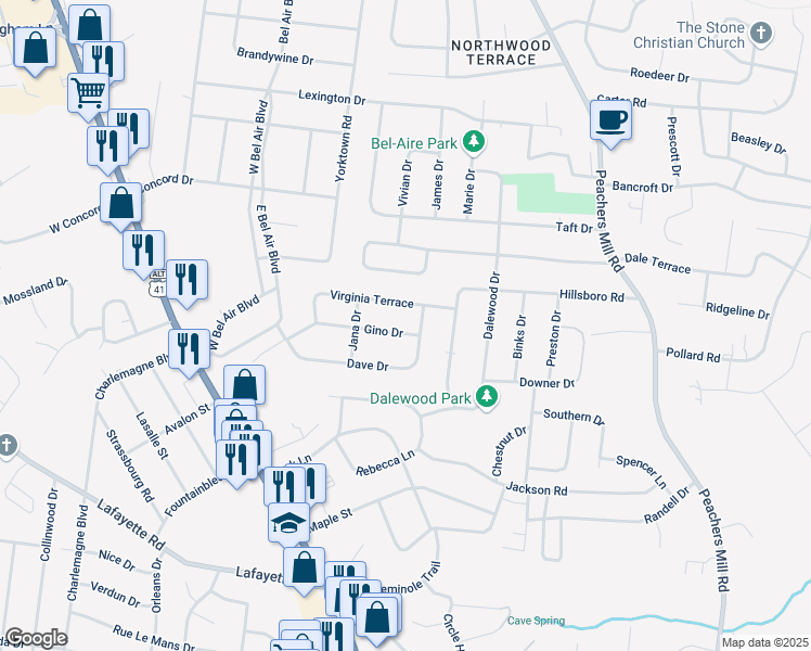 map of restaurants, bars, coffee shops, grocery stores, and more near 26 Virginia Terrace in Clarksville