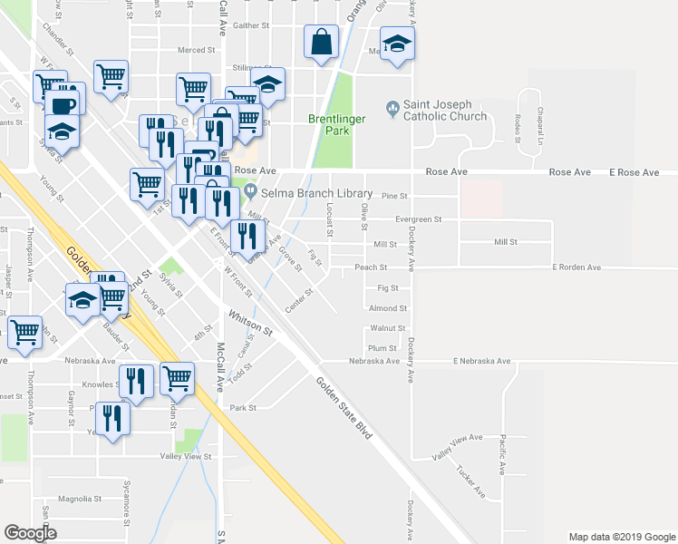 map of restaurants, bars, coffee shops, grocery stores, and more near 2206 Locust Street in Selma