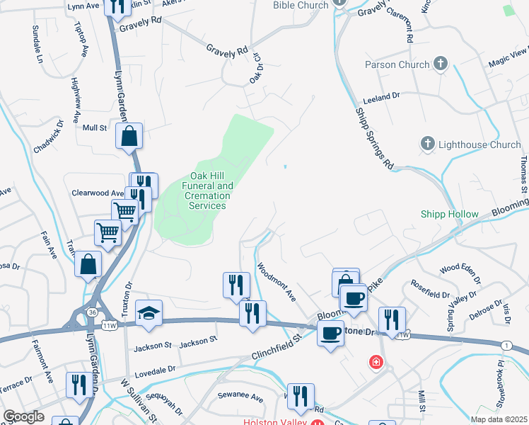 map of restaurants, bars, coffee shops, grocery stores, and more near 857 Cobblestone Place in Kingsport