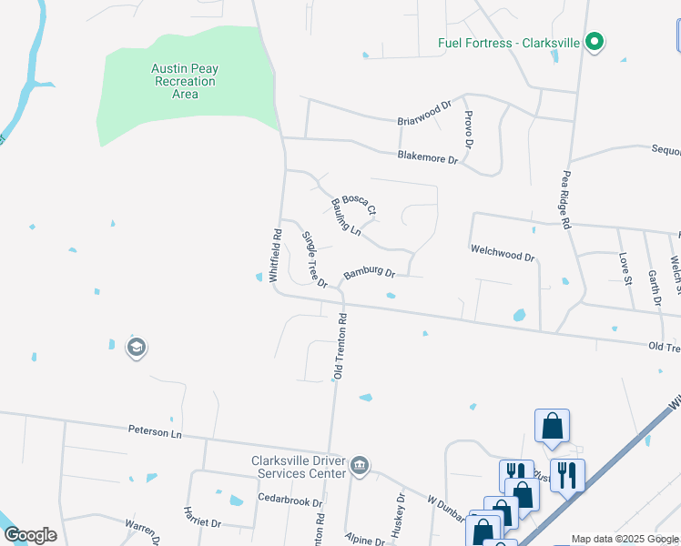 map of restaurants, bars, coffee shops, grocery stores, and more near 489 Bamburg Drive in Clarksville