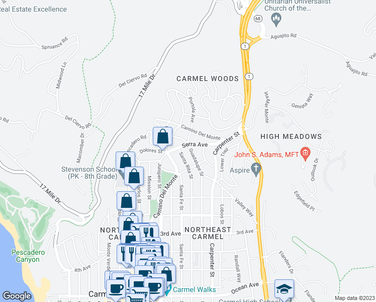map of restaurants, bars, coffee shops, grocery stores, and more near 24640 Guadalupe Street in Carmel-by-the-Sea