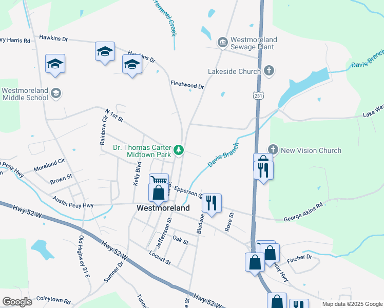 map of restaurants, bars, coffee shops, grocery stores, and more near 1314 North 1st Street in Westmoreland