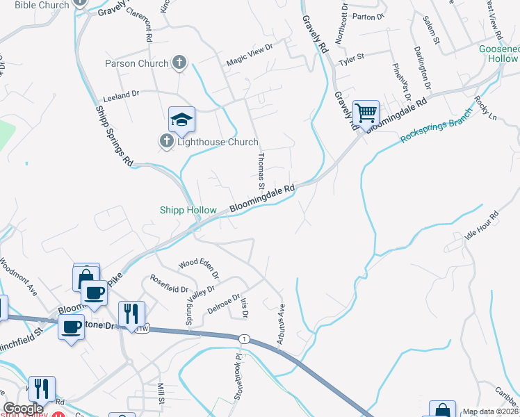 map of restaurants, bars, coffee shops, grocery stores, and more near 1169 Bloomingdale Pike in Kingsport