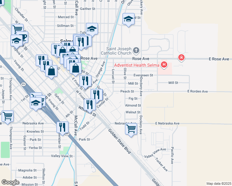 map of restaurants, bars, coffee shops, grocery stores, and more near 1445 Peach Street in Selma