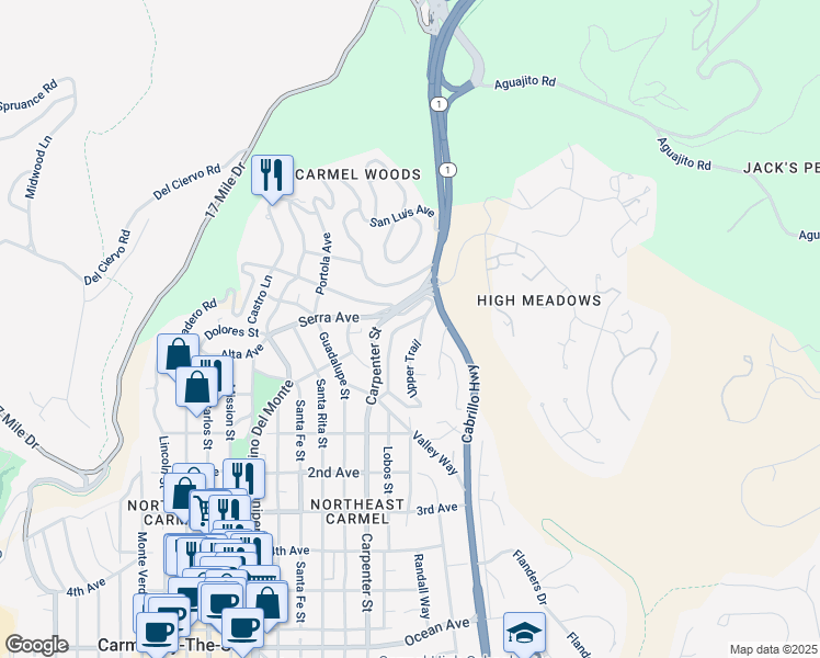 map of restaurants, bars, coffee shops, grocery stores, and more near 24611 Lower Trail in Carmel-by-the-Sea