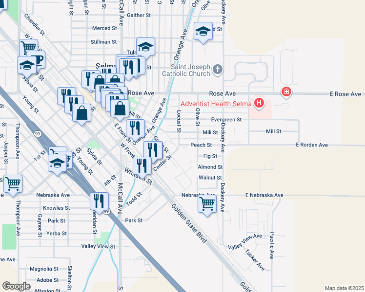 map of restaurants, bars, coffee shops, grocery stores, and more near 2206 Locust Street in Selma
