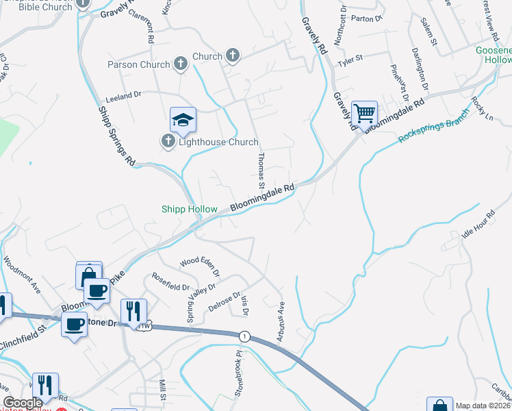 map of restaurants, bars, coffee shops, grocery stores, and more near 1169 Bloomingdale Pike in Kingsport