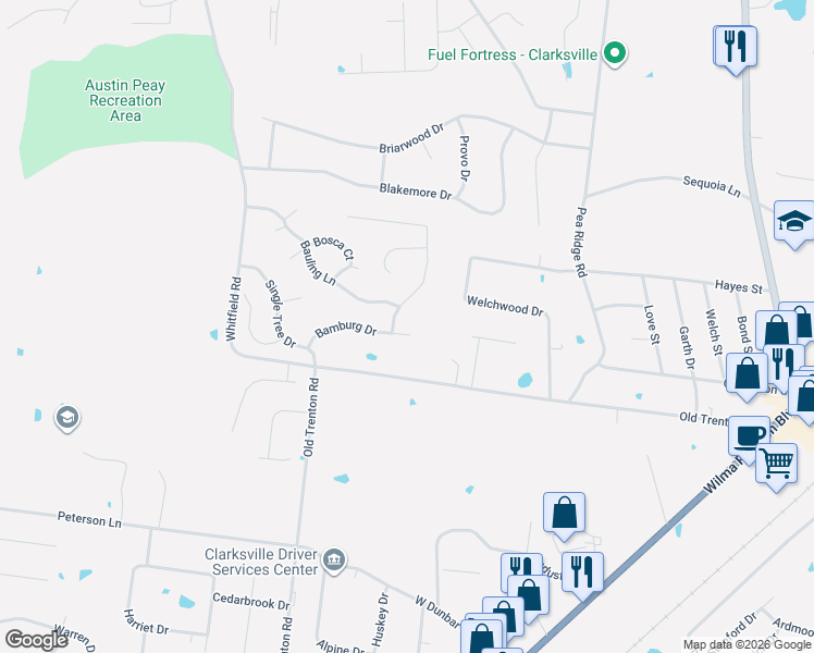 map of restaurants, bars, coffee shops, grocery stores, and more near 2125 Amadeus Drive in Clarksville