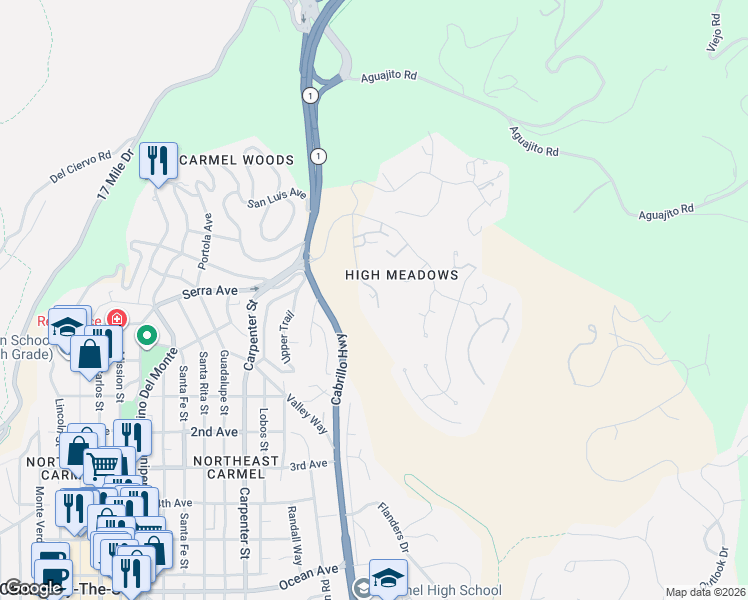map of restaurants, bars, coffee shops, grocery stores, and more near 24501 Vía Mar Monte in Carmel-by-the-Sea