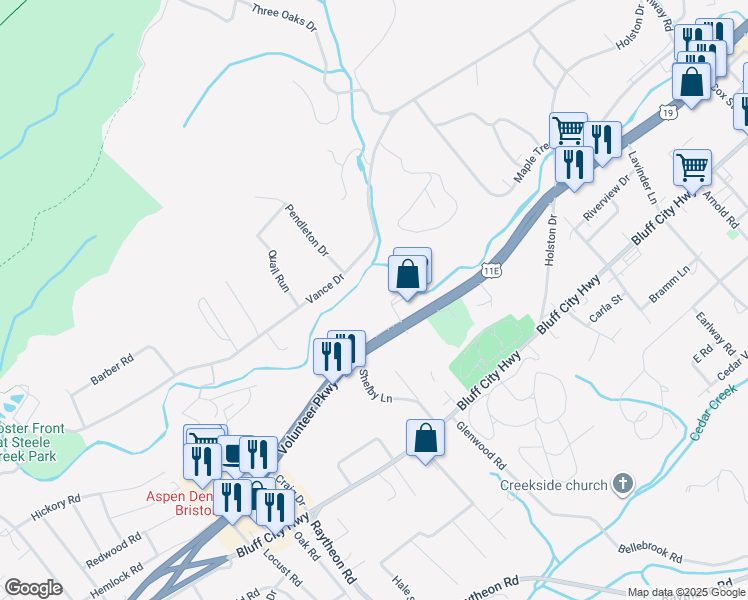 map of restaurants, bars, coffee shops, grocery stores, and more near 1270 Volunteer Parkway in Bristol