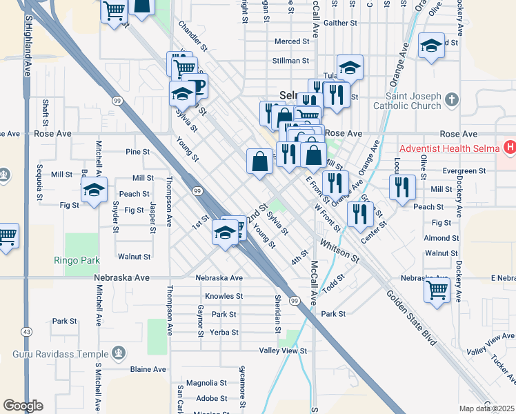 map of restaurants, bars, coffee shops, grocery stores, and more near 1745 2nd Street in Selma