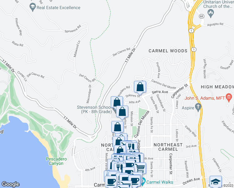 map of restaurants, bars, coffee shops, grocery stores, and more near 24652 Pescadero Road in Carmel-by-the-Sea