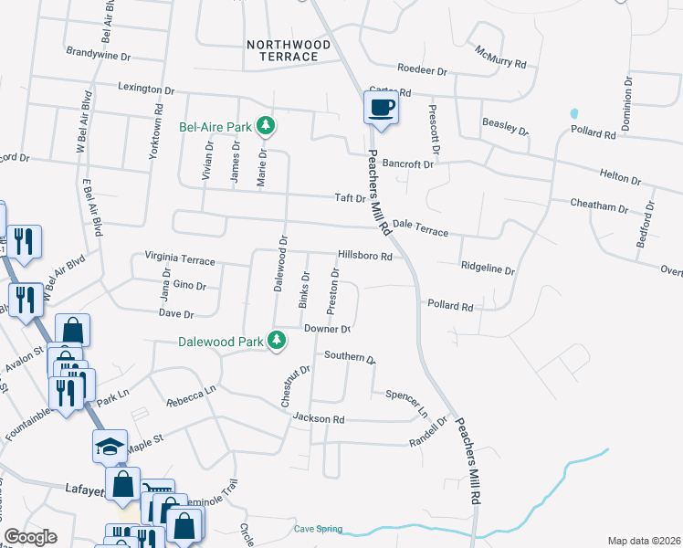 map of restaurants, bars, coffee shops, grocery stores, and more near 55 Hillsboro Road in Clarksville