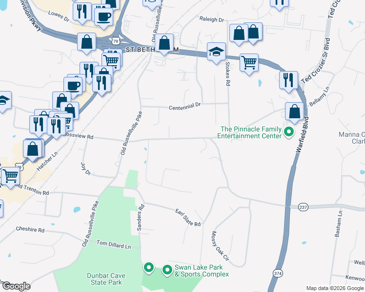 map of restaurants, bars, coffee shops, grocery stores, and more near 250 Rossview Road in Clarksville