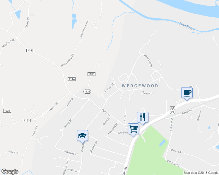 map of restaurants, bars, coffee shops, grocery stores, and more near 124 Tolliver Place in Danville