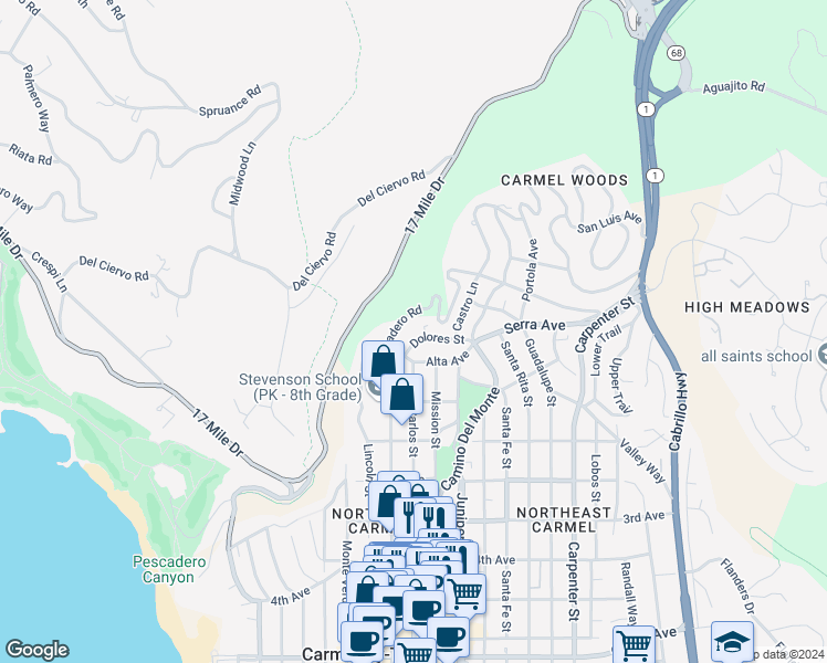 map of restaurants, bars, coffee shops, grocery stores, and more near 24710 Dolores Street in Carmel-by-the-Sea