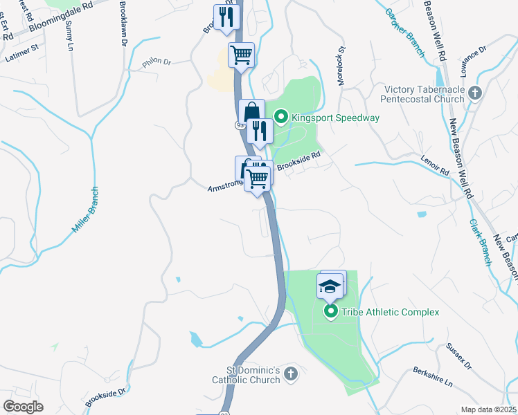 map of restaurants, bars, coffee shops, grocery stores, and more near 2010 Timbers Edge Court in Kingsport