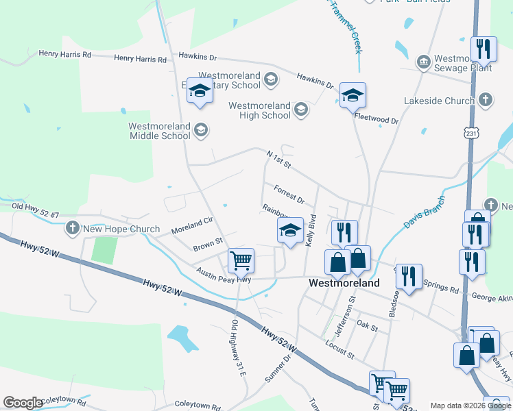 map of restaurants, bars, coffee shops, grocery stores, and more near 1119 Rainbow Circle in Westmoreland