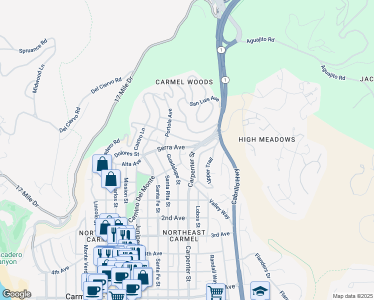 map of restaurants, bars, coffee shops, grocery stores, and more near 3270 Serra Avenue in Carmel-by-the-Sea
