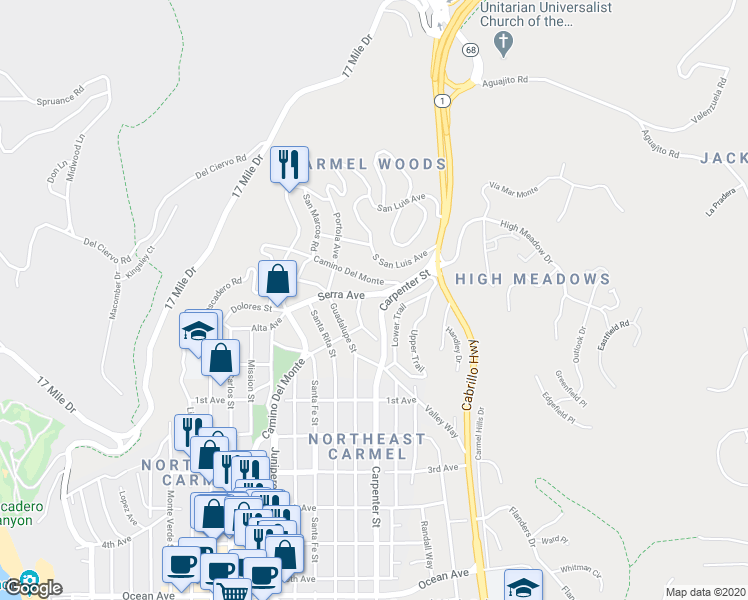 map of restaurants, bars, coffee shops, grocery stores, and more near 3269 Serra Avenue in Carmel-by-the-Sea