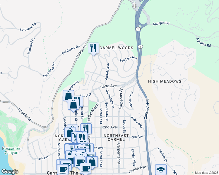 map of restaurants, bars, coffee shops, grocery stores, and more near in Monterey County