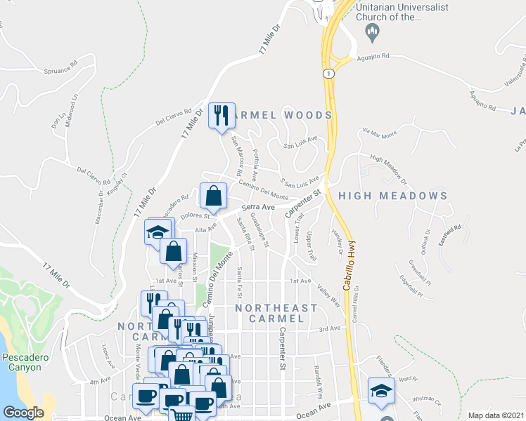 map of restaurants, bars, coffee shops, grocery stores, and more near 3206 Serra Avenue in Carmel-by-the-Sea