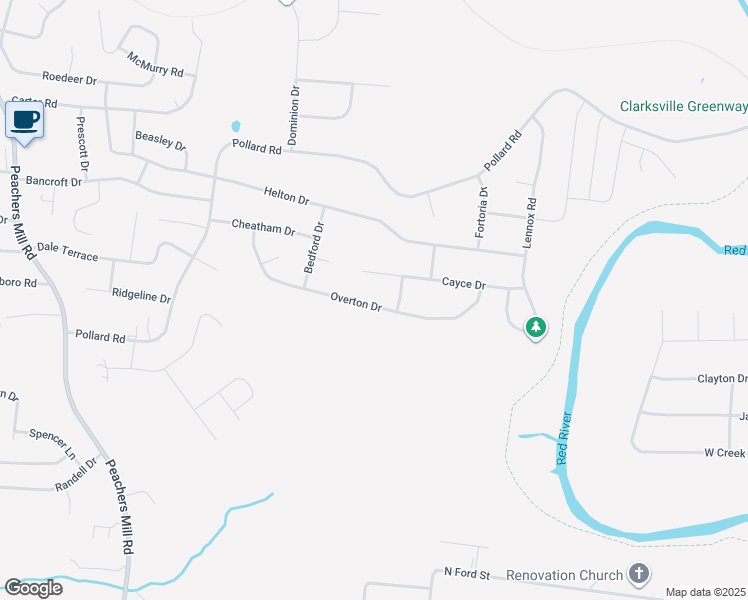 map of restaurants, bars, coffee shops, grocery stores, and more near 617 Overton Drive in Clarksville