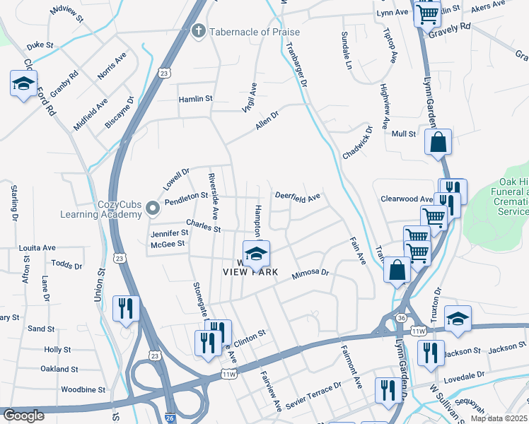 map of restaurants, bars, coffee shops, grocery stores, and more near 1318 Hillmont Drive in Kingsport