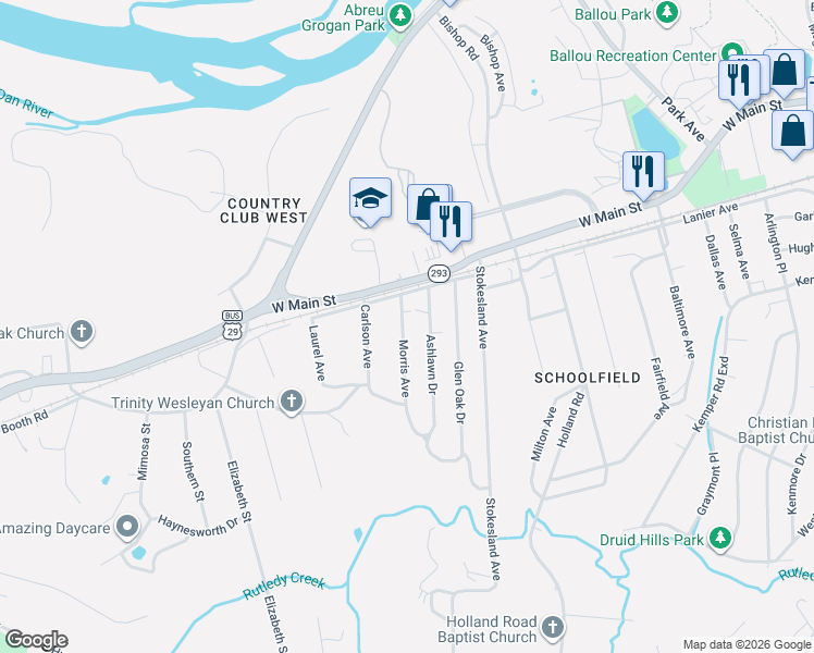 map of restaurants, bars, coffee shops, grocery stores, and more near 2-94 Ashlawn Drive in Danville