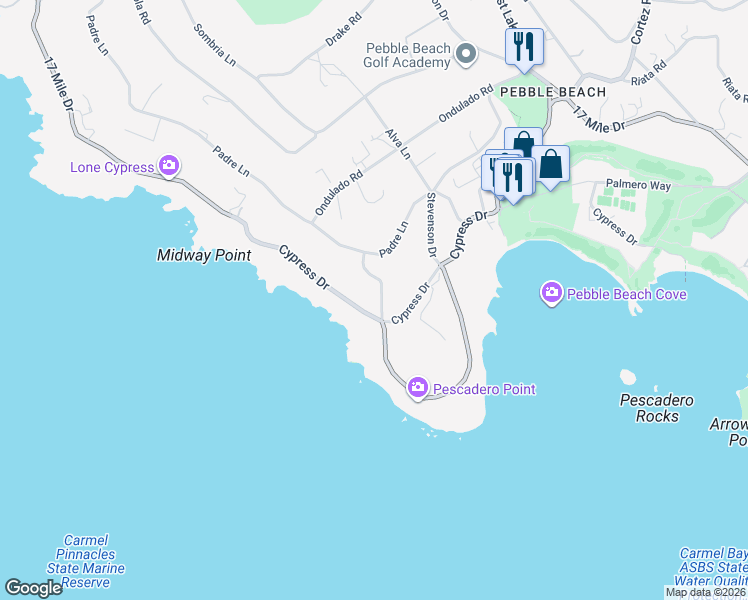 map of restaurants, bars, coffee shops, grocery stores, and more near 3269 Cabrillo Road in Del Monte Forest