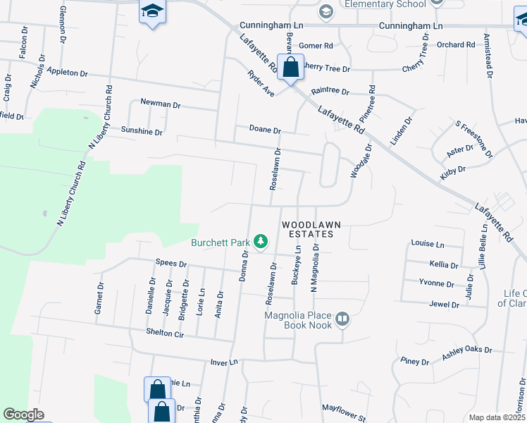 map of restaurants, bars, coffee shops, grocery stores, and more near 405 Woodale Drive in Clarksville