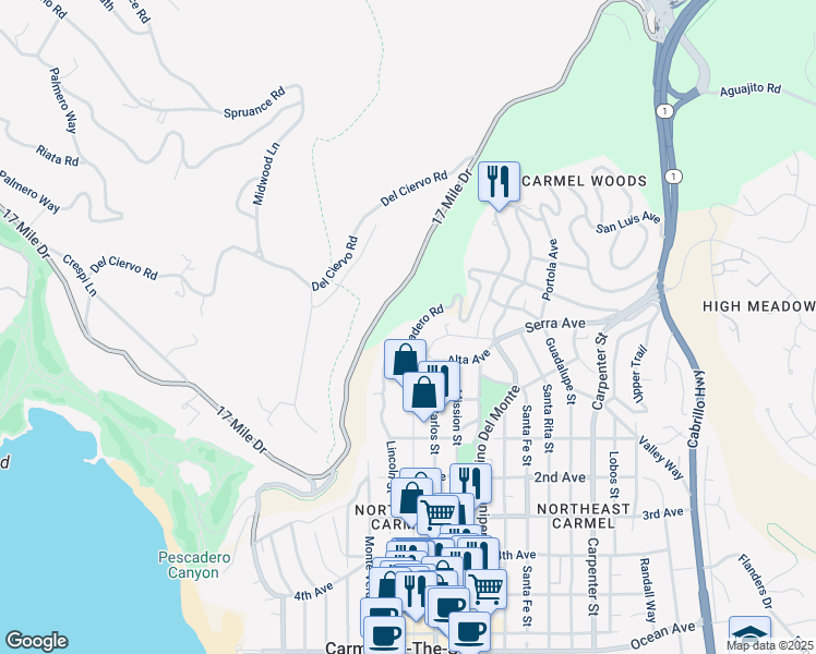 map of restaurants, bars, coffee shops, grocery stores, and more near 24652 Pescadero Road in Carmel-by-the-Sea