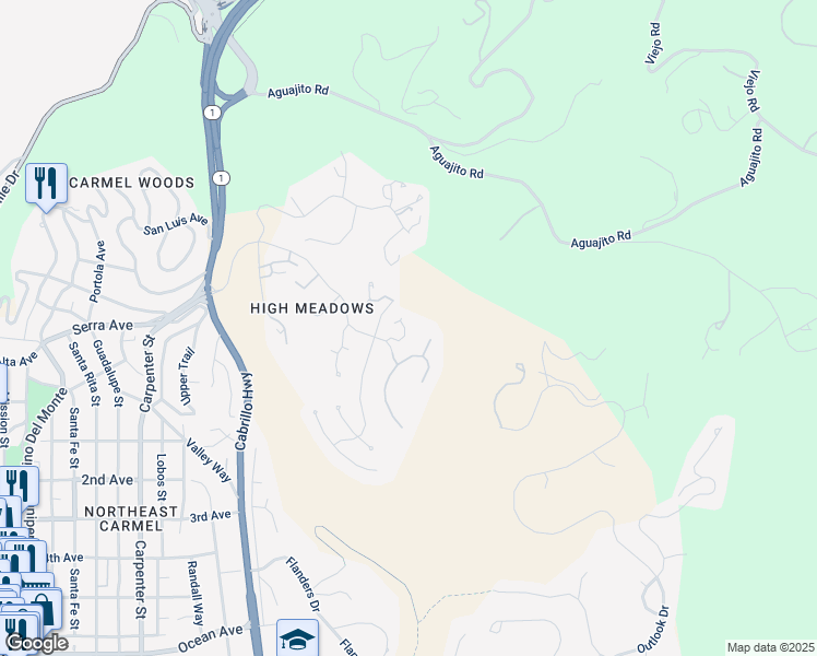 map of restaurants, bars, coffee shops, grocery stores, and more near 24525 Outlook Drive in Carmel-by-the-Sea