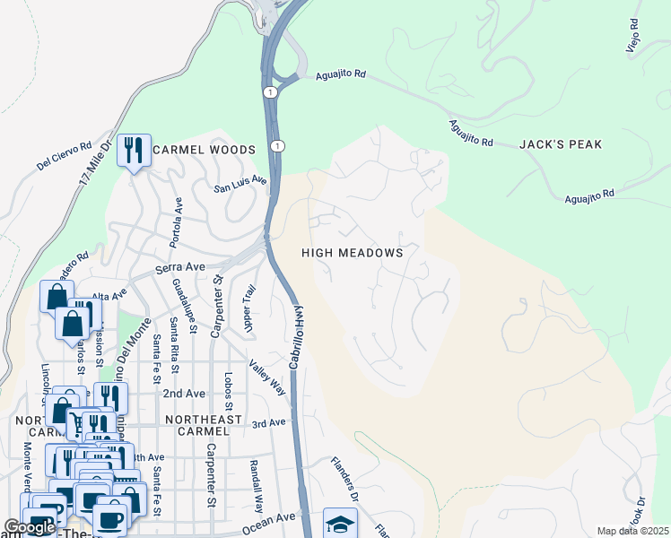 map of restaurants, bars, coffee shops, grocery stores, and more near in Carmel-by-the-Sea