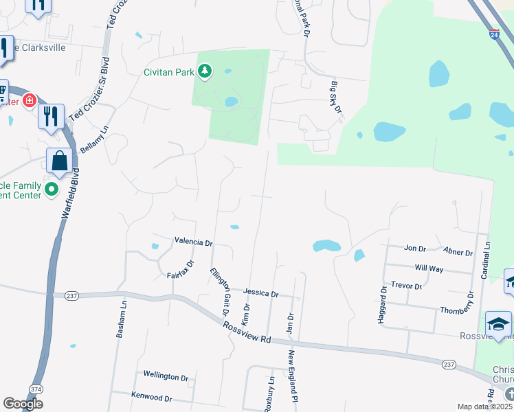 map of restaurants, bars, coffee shops, grocery stores, and more near 2242 Kim Drive in Clarksville
