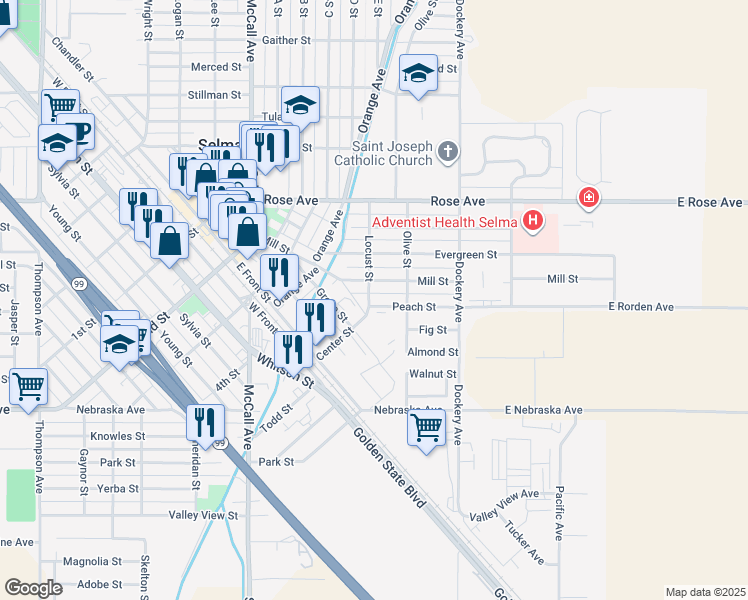 map of restaurants, bars, coffee shops, grocery stores, and more near 2206 Locust Street in Selma