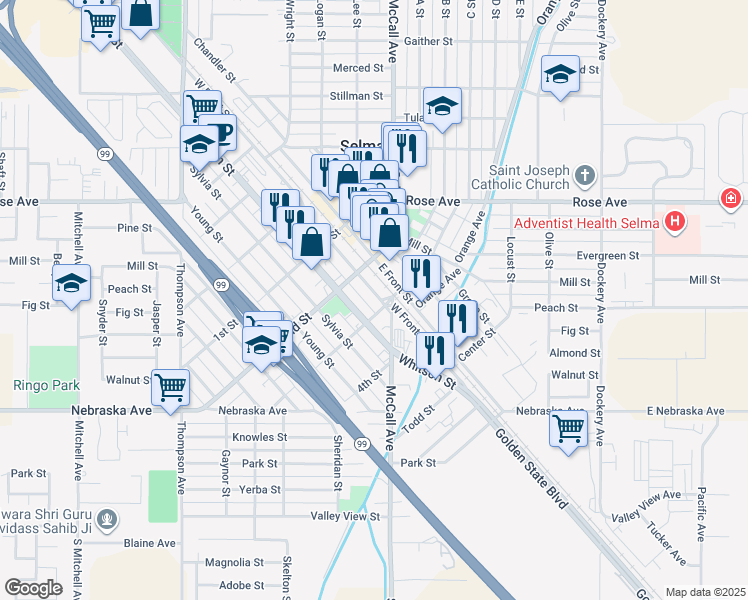 map of restaurants, bars, coffee shops, grocery stores, and more near 1817 West Front Street in Selma
