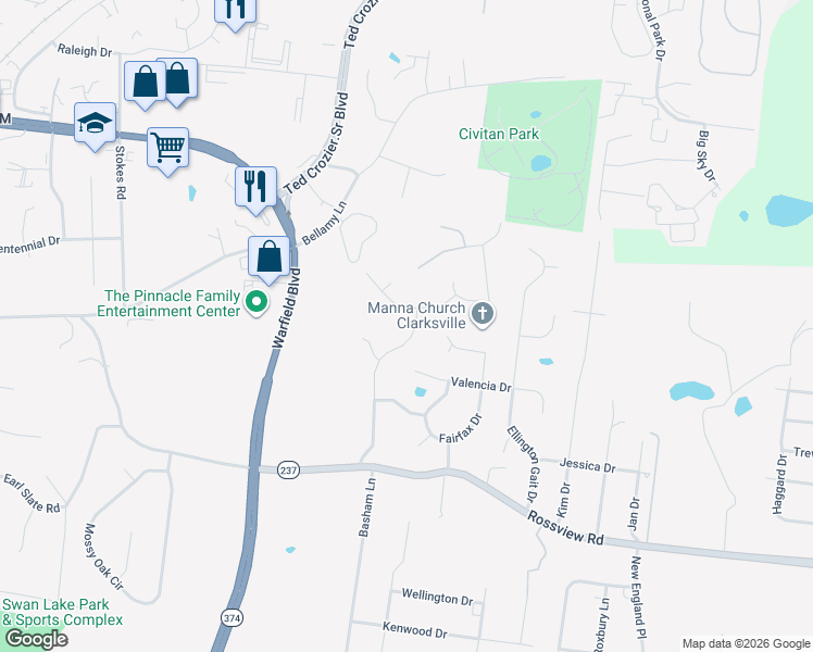 map of restaurants, bars, coffee shops, grocery stores, and more near 2238 Roanoke Road in Clarksville