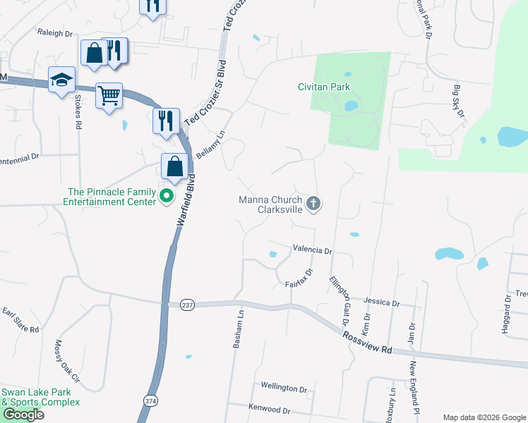 map of restaurants, bars, coffee shops, grocery stores, and more near 2238 Roanoke Rd in Clarksville