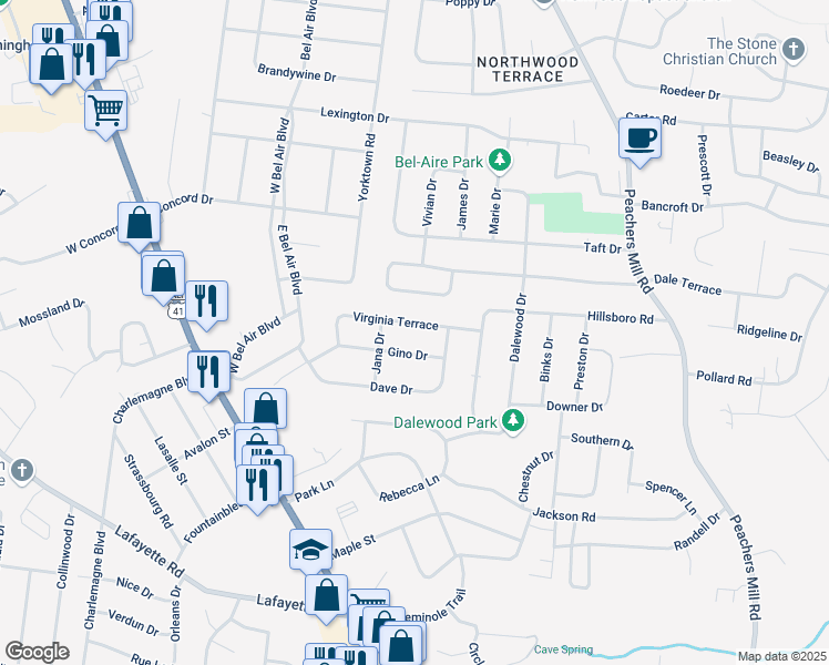 map of restaurants, bars, coffee shops, grocery stores, and more near 26 Virginia Terrace in Clarksville