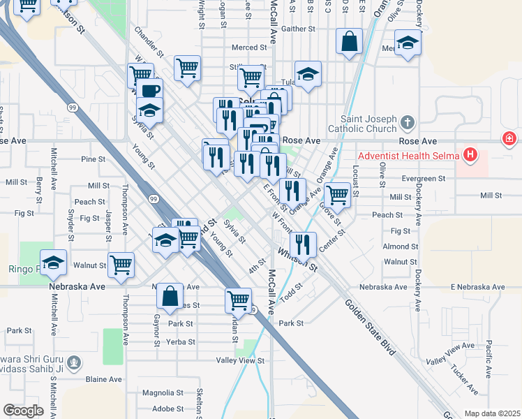 map of restaurants, bars, coffee shops, grocery stores, and more near 1817 West Front Street in Selma